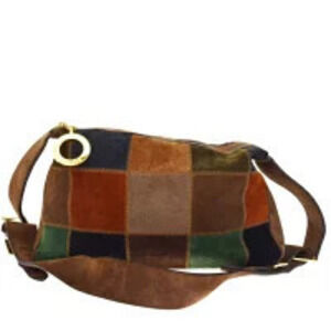 Celine Circle Shoulder Bag Patchwork Brown Suede Leather